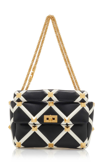 Valentino Garavani Nappa Large Roman Stud Shoulder Bag Black & White