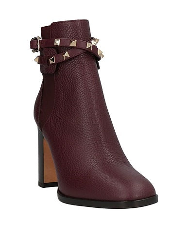 Valentino Garavani Rockstud Buckle-Wrap Ankle Booties Burgundy Size 7 US