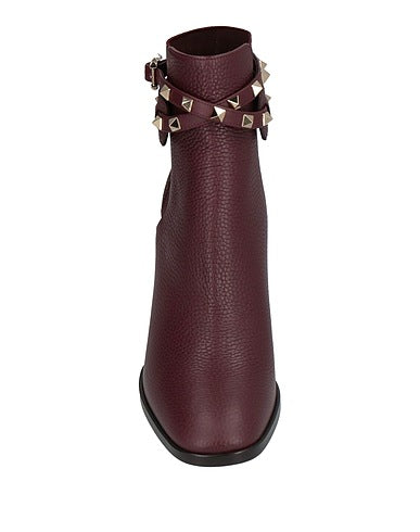 Valentino Garavani Rockstud Buckle-Wrap Ankle Booties Burgundy 7 US